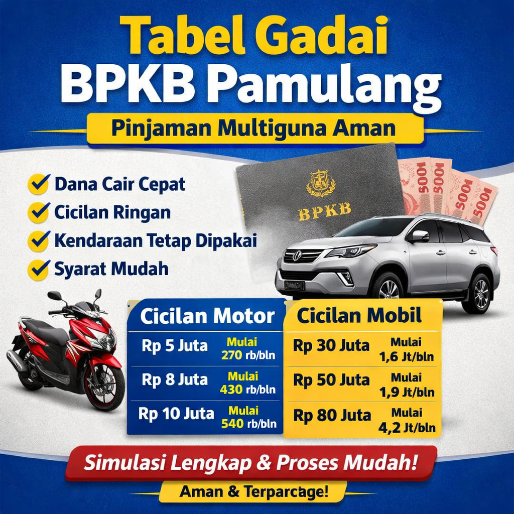 Update Tabel Kredit Jaminan BPKB Pamulang Hari Ini, Proses Cepat & Syarat Mudah